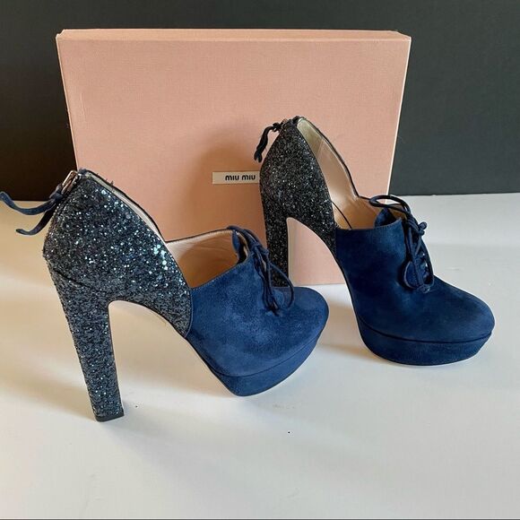 Miu Miu Calzature Donna Oltremare Blue Camoscio Glitter Ankle Bootie Platform - Picture 2 of 8
